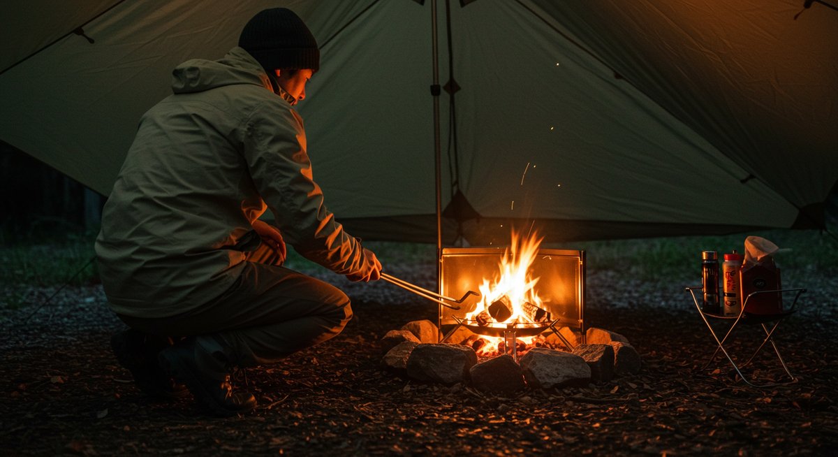 タープの下で焚き火